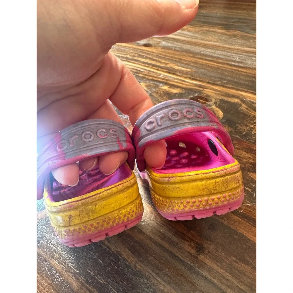 Crocs Kids Classic Clogs Pink‎ Yellow Spray Dye Marble Slip On Shoes Size C5